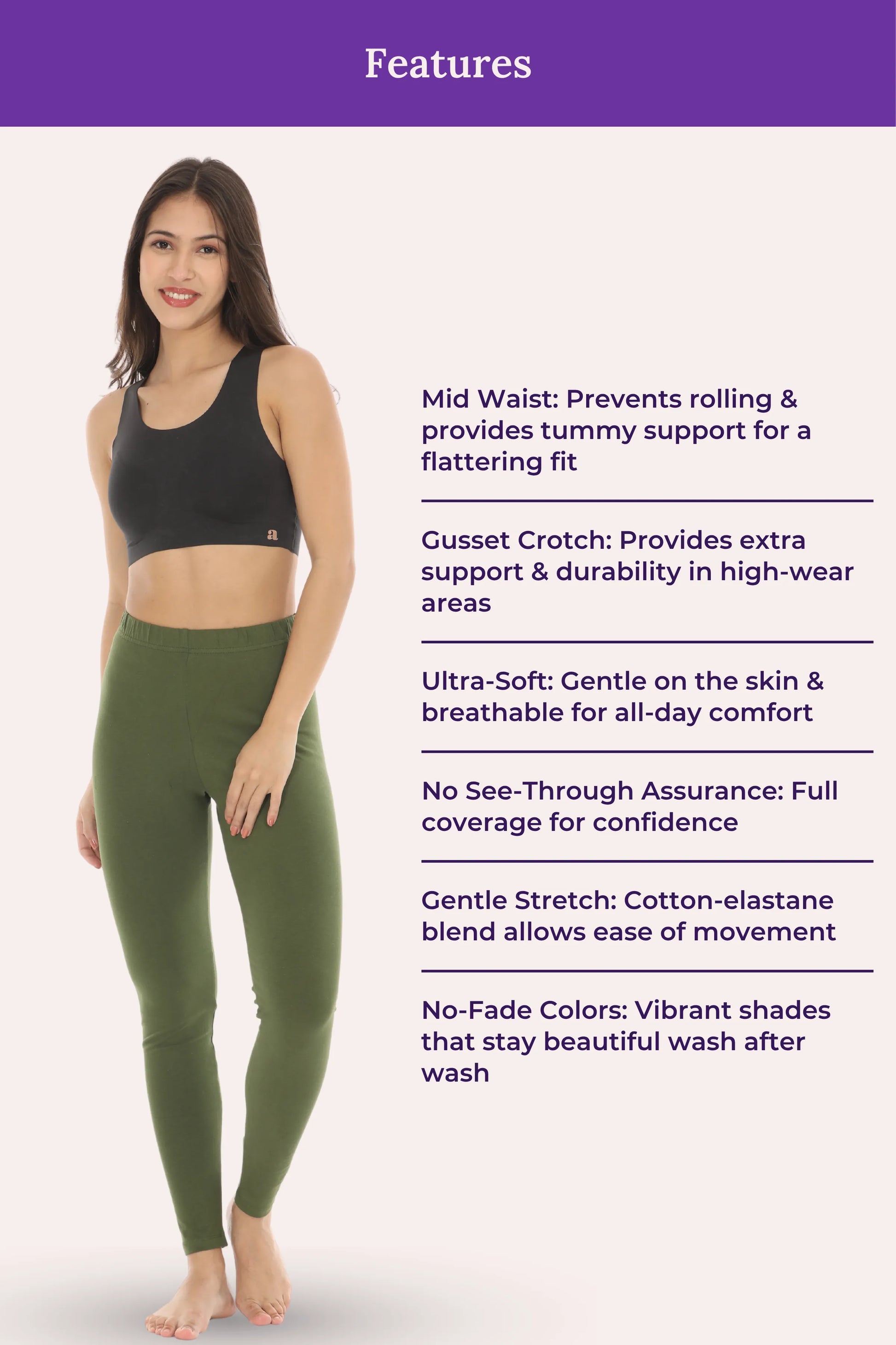 Woman wearing a black sports bra and green leggings with product features listed on a white background