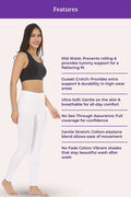 Woman wearing a black sports bra and white leggings with product features listed on a white background.