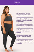 Woman wearing a dark grey sports bra and black leggings with feature text on a white background