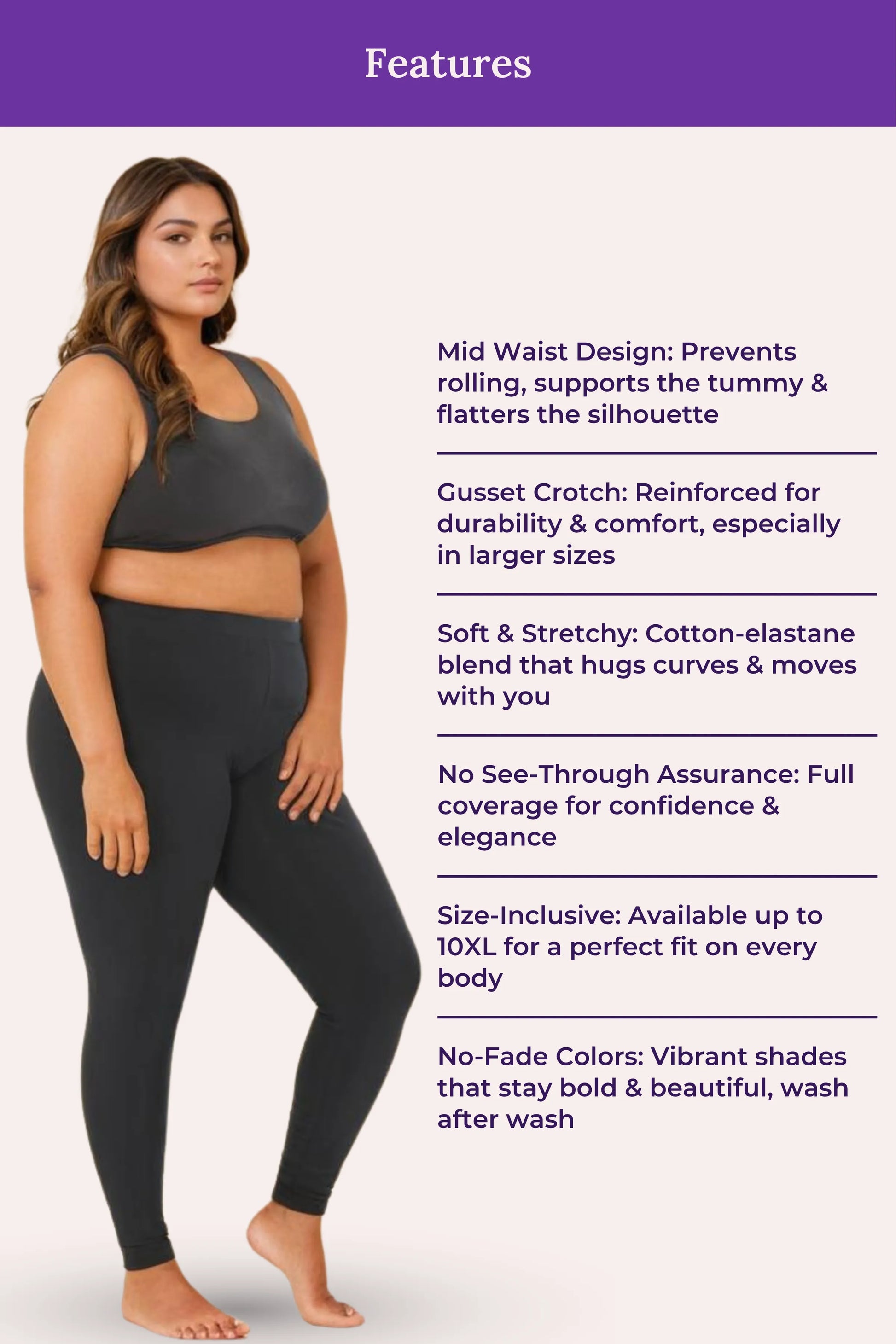 Woman wearing a dark grey sports bra and black leggings with feature text on a white background