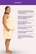 Woman wearing a cream lounge set with features listed