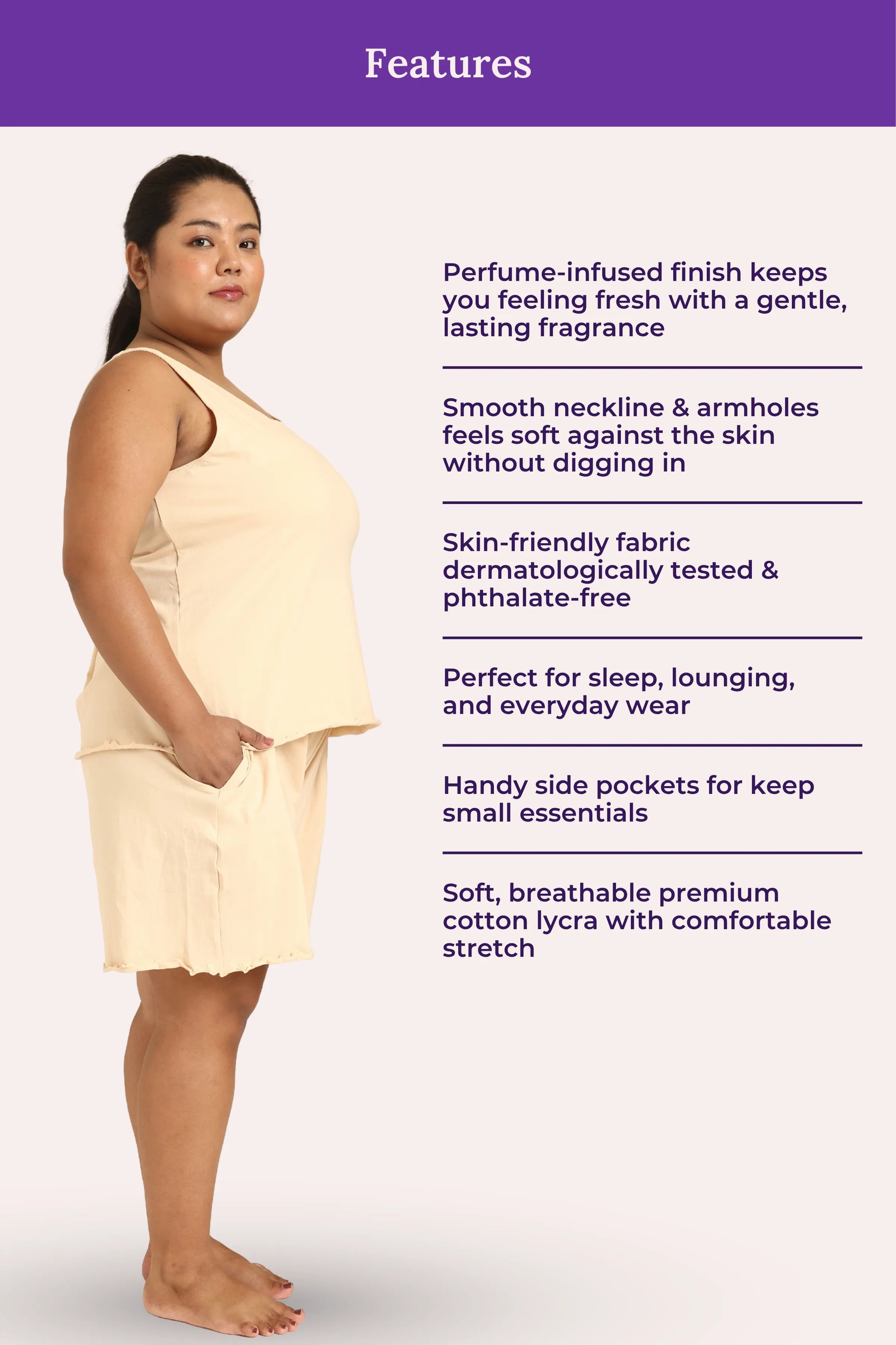 Woman wearing a cream lounge set with features listed