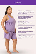 Curvy woman wearing a lavender outfit with product features listed