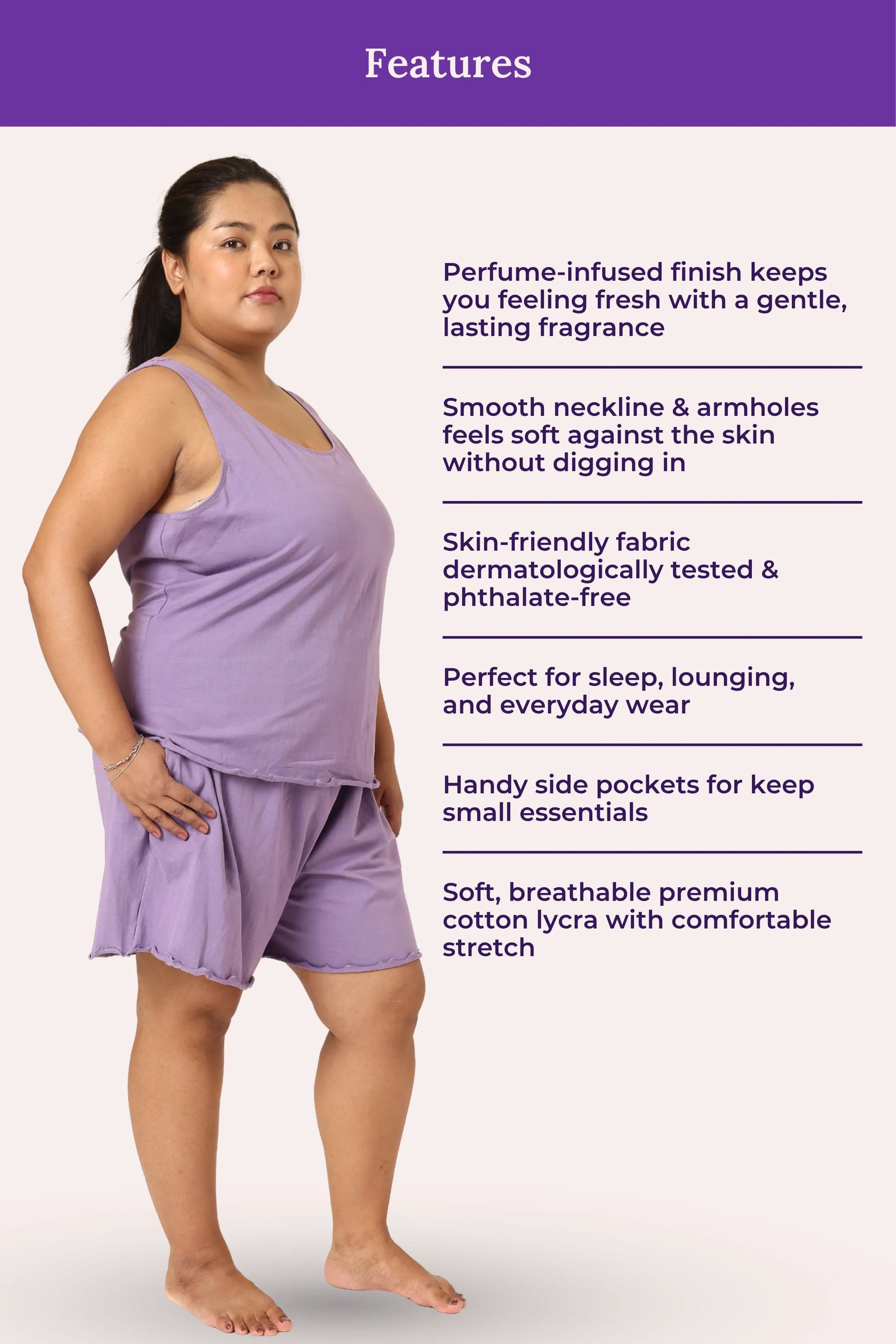 Curvy woman wearing a lavender outfit with product features listed
