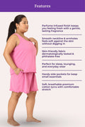Woman wearing a rose nightgown with features listed