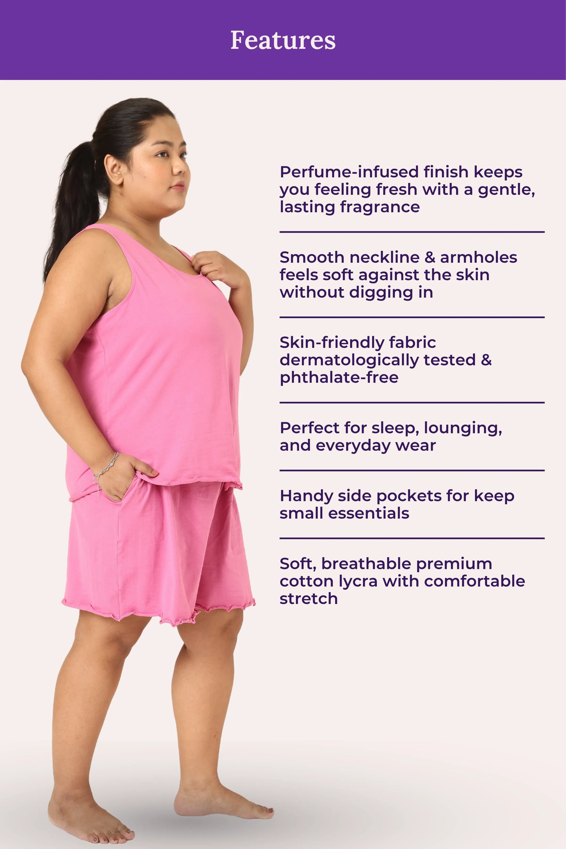 Woman wearing a rose nightgown with features listed