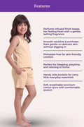 A girl model wearing a light peachy-beige two-piece stands against a pale pink background with a purple 'Features' header and descriptive text on the right.
