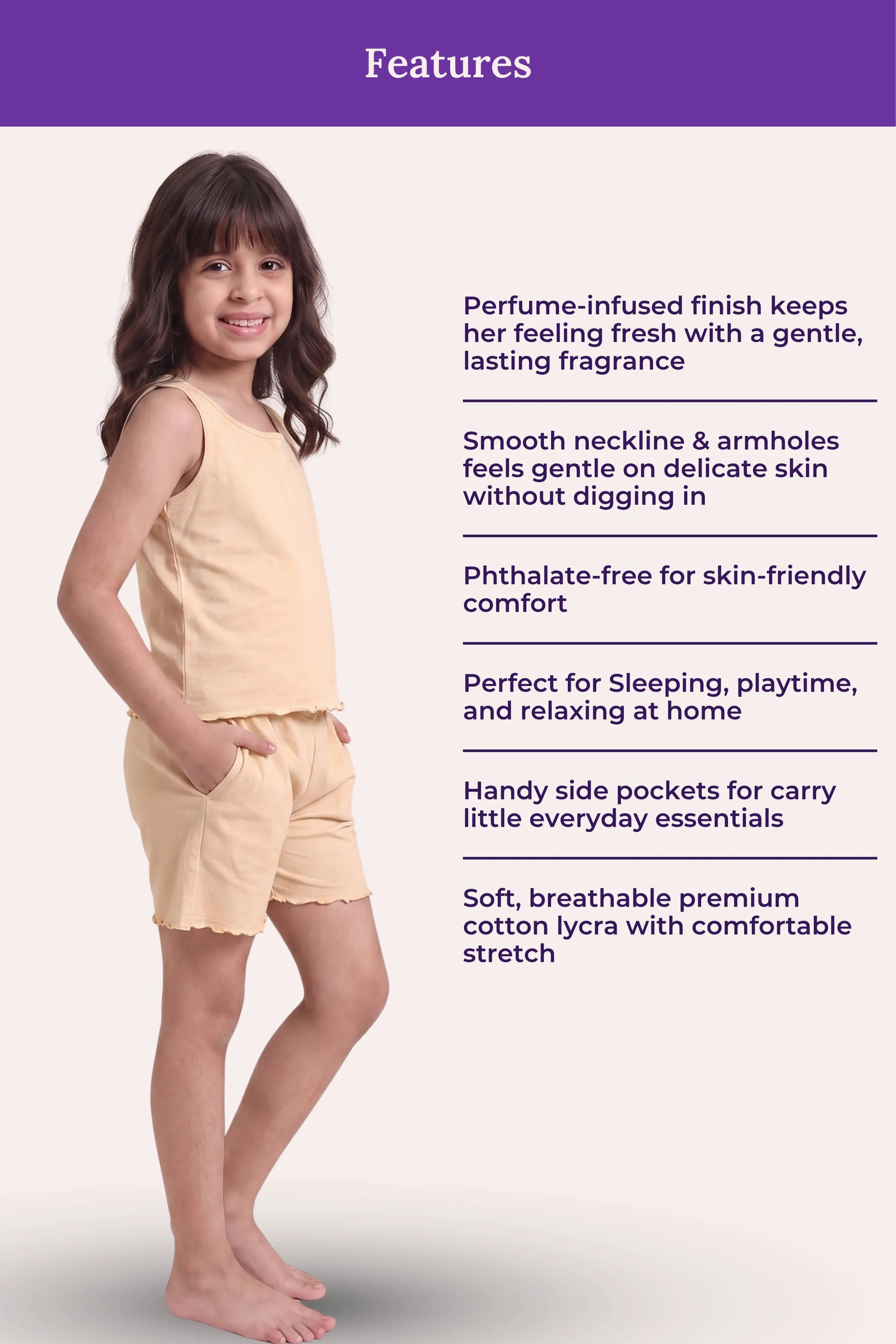 A girl model wearing a light peachy-beige two-piece stands against a pale pink background with a purple 'Features' header and descriptive text on the right.