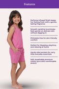 A gir model wearing a rose sleeveless top and matching shorts stands against a pale pink background with a purple 'Features' banner and product feature text to the right.