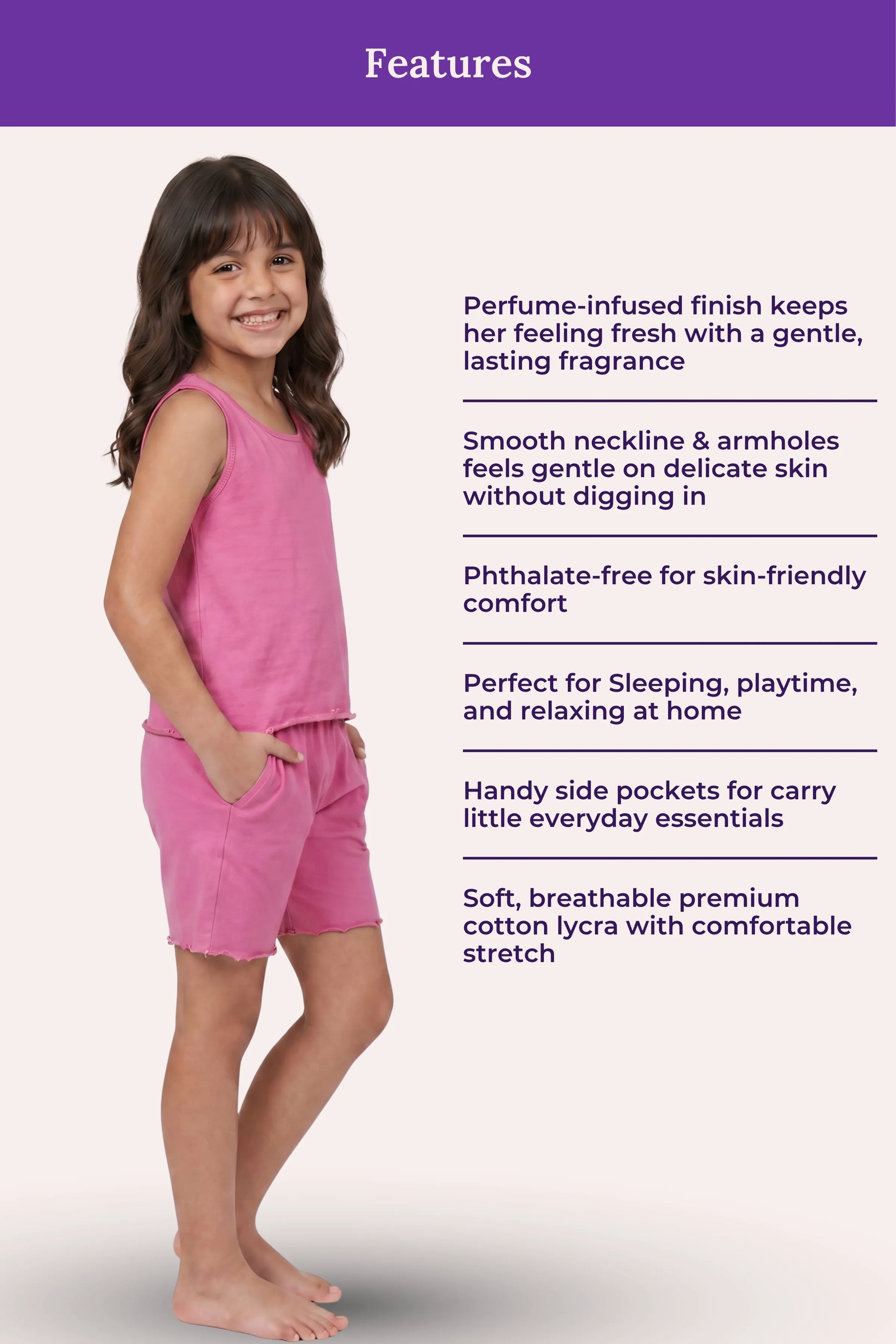 A gir model wearing a rose sleeveless top and matching shorts stands against a pale pink background with a purple 'Features' banner and product feature text to the right.