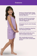 A gir model wearing a lavender sleeveless top and matching shorts stands against a pale pink background with a purple 'Features' banner and product feature text to the right.