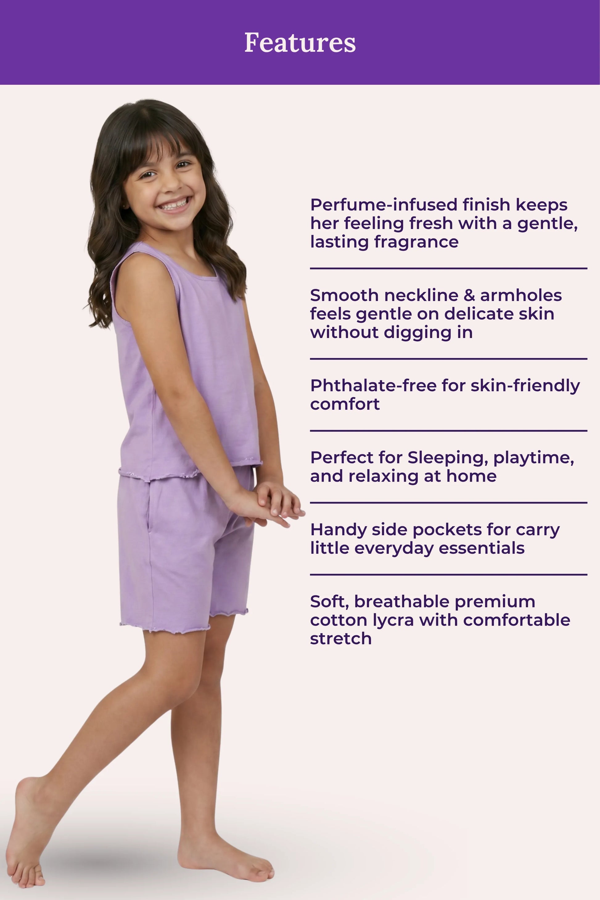 A gir model wearing a lavender sleeveless top and matching shorts stands against a pale pink background with a purple 'Features' banner and product feature text to the right.