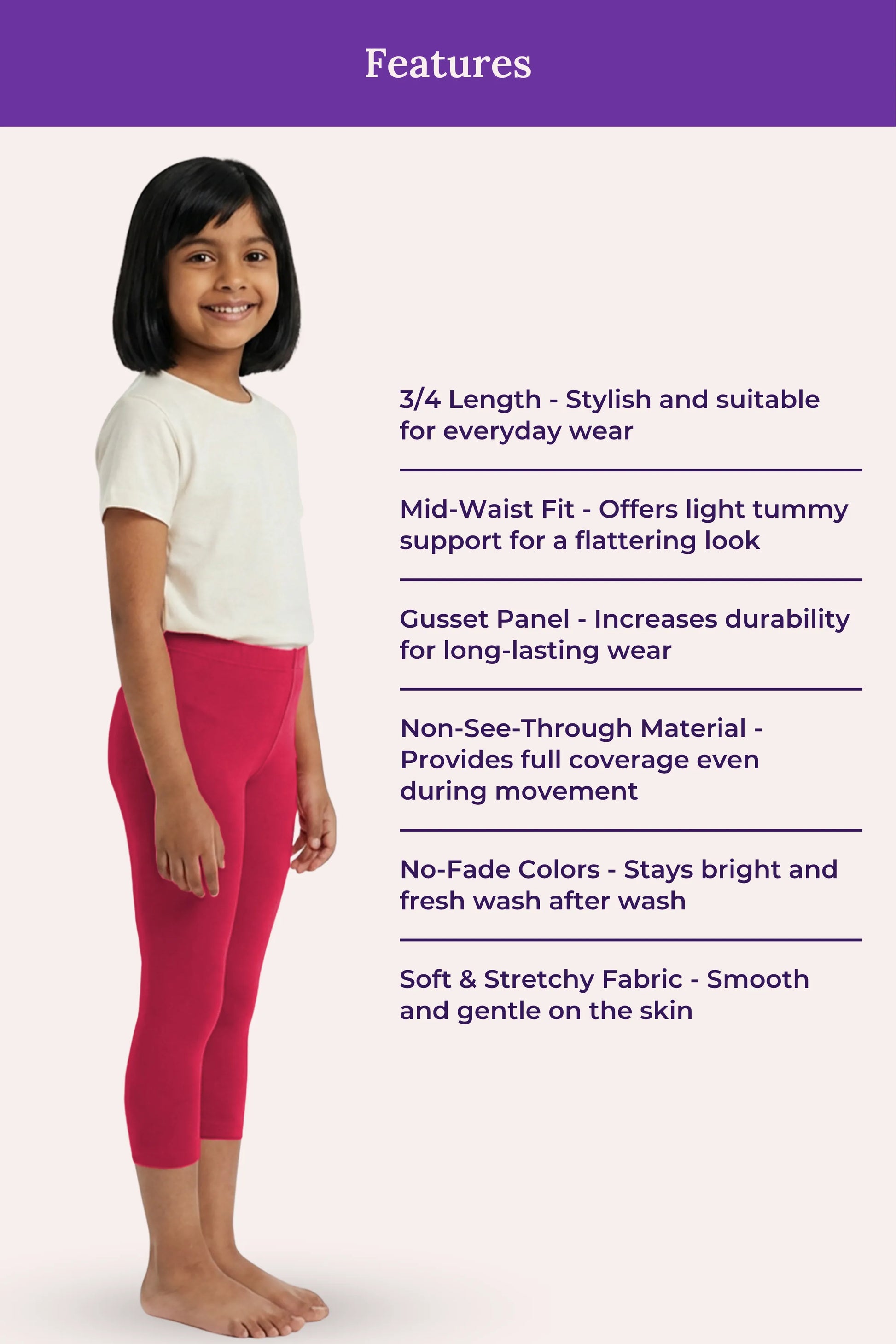 Cropped leggings for girls -product image - Dark pink
