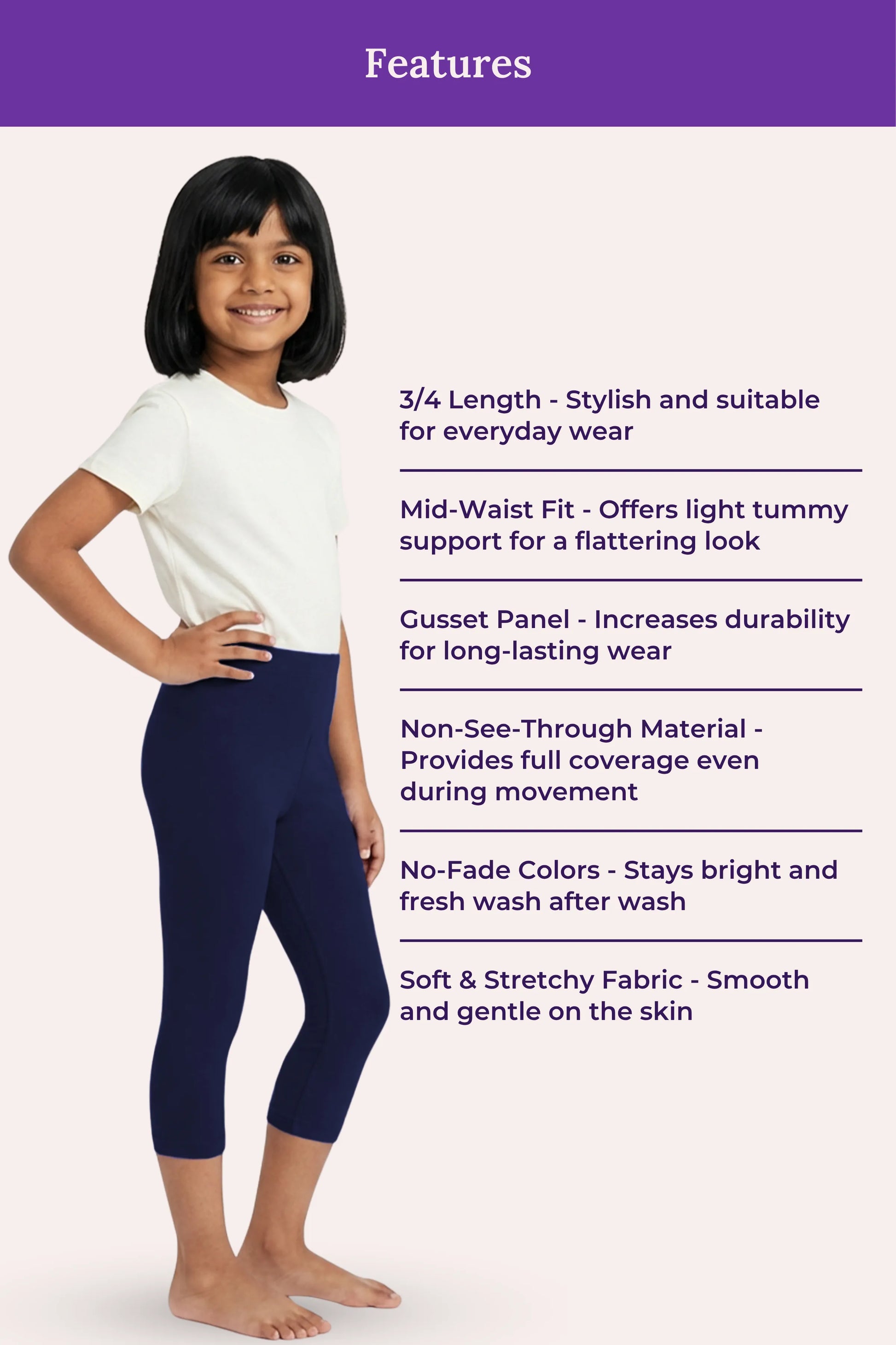 Girls' navy blue cropped leggings with key features