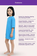 Girl wearing a blue nightgown with features listed.