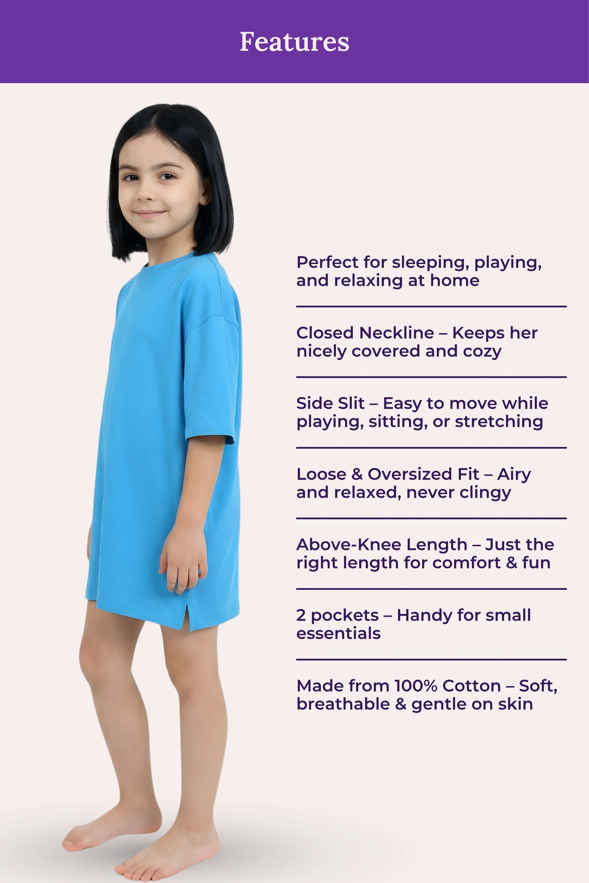 Girl wearing a blue nightgown with features listed.