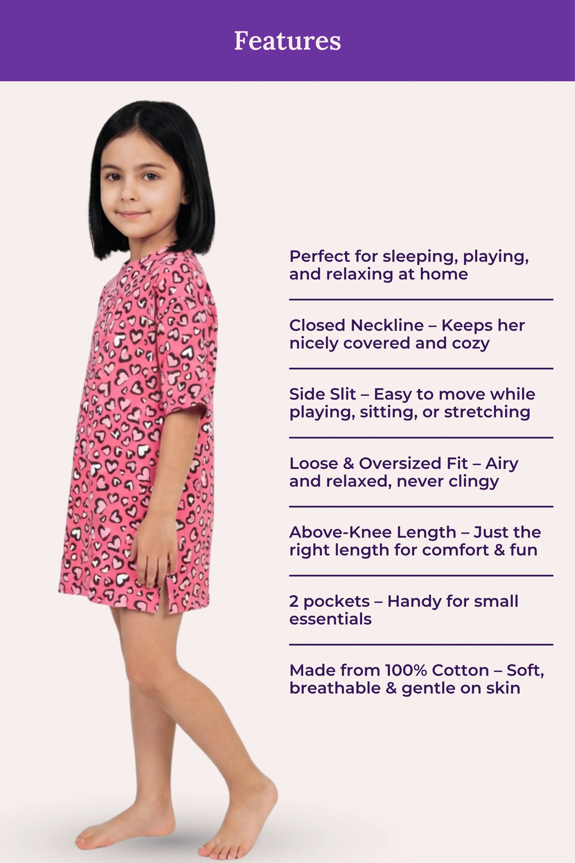 A girl model standing against a light background with a purple header that reads 'Features' and lists product benefits.