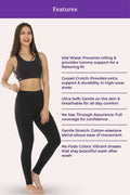 Woman wearing black leggings with feature text on a white background