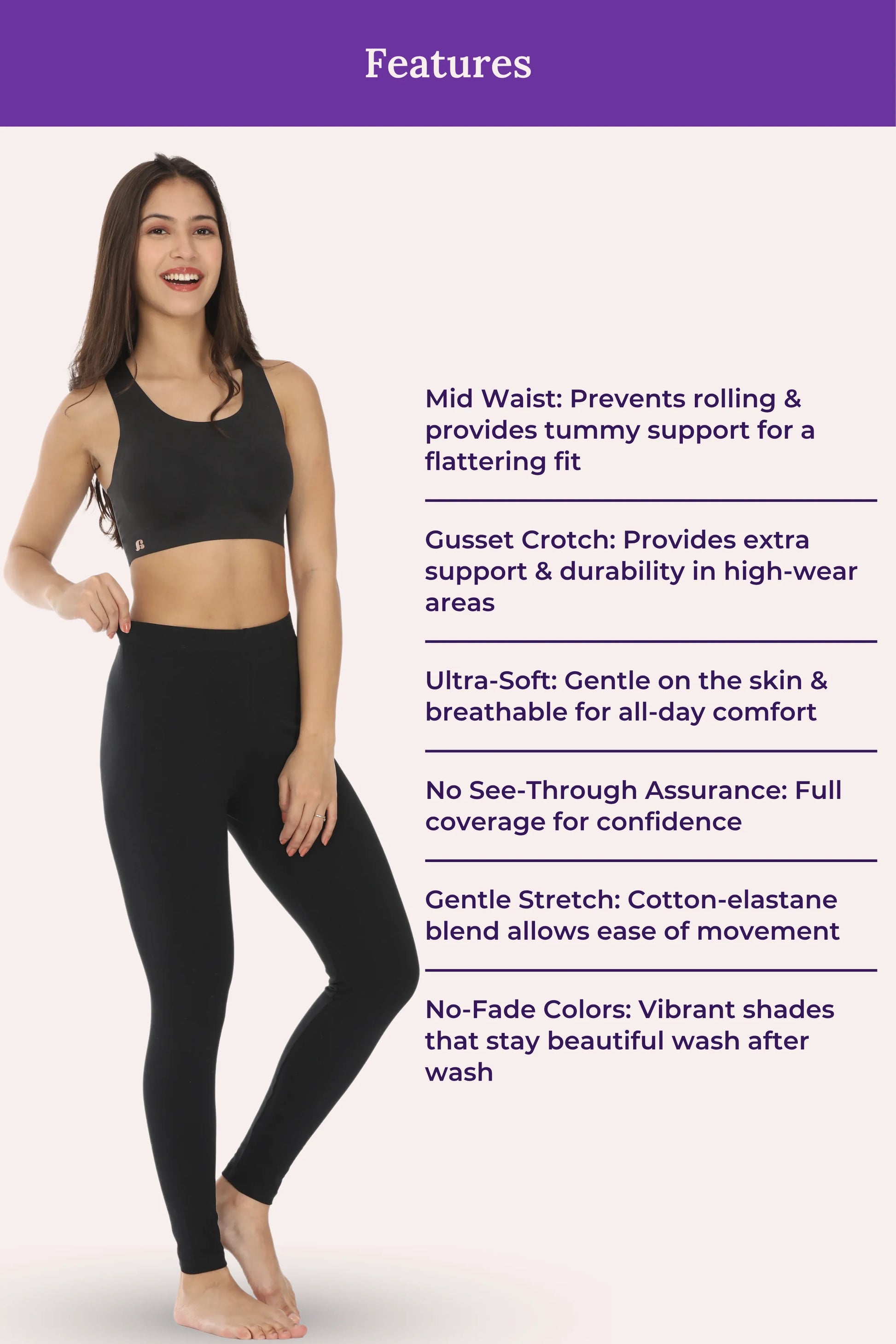 Woman wearing black leggings with feature text on a white background