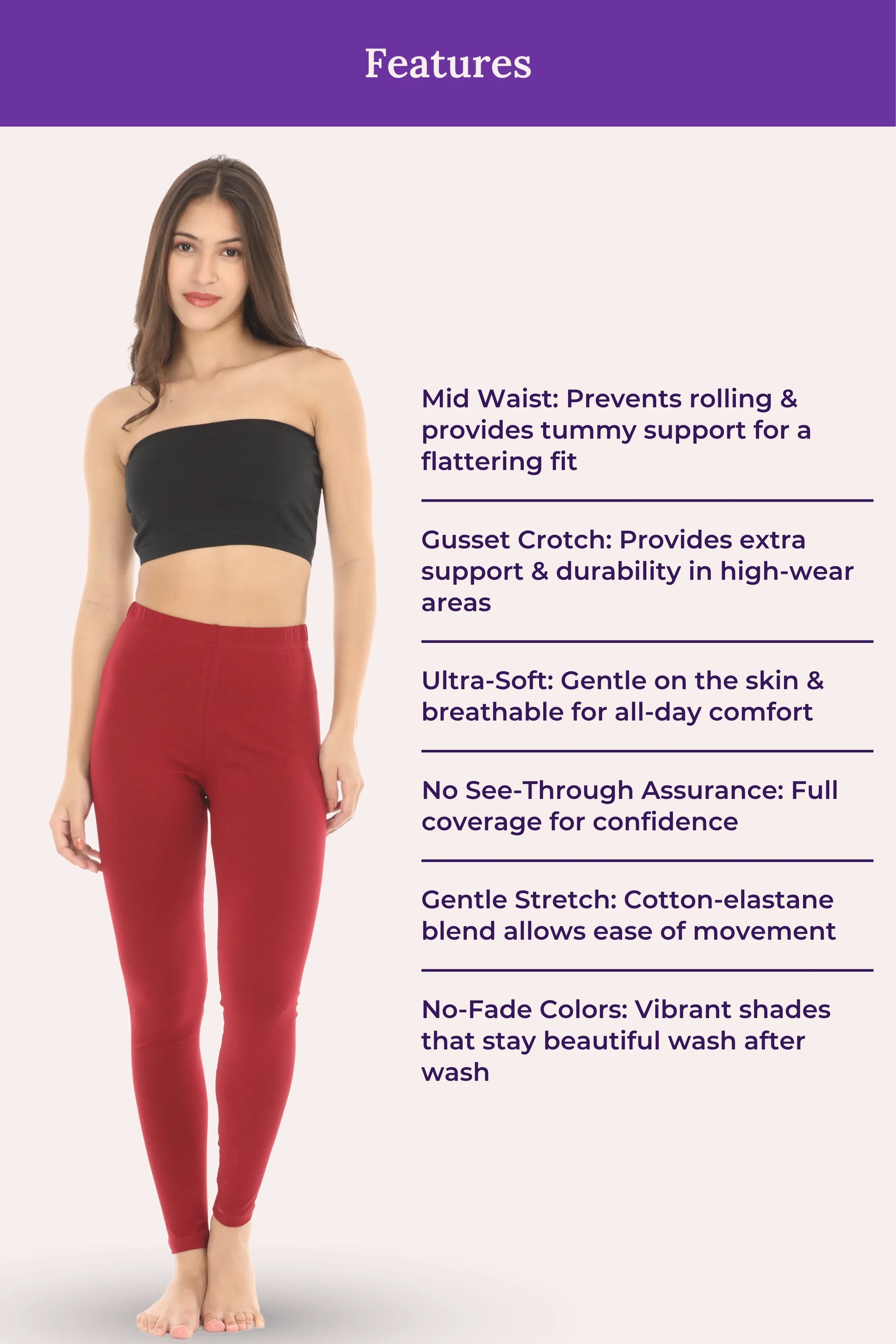 Woman wearing black bandeau top and maroon leggings with feature text on a white background