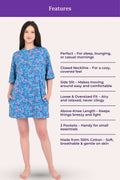 Woman wearing a blue floral dress with text detailing features on a white background