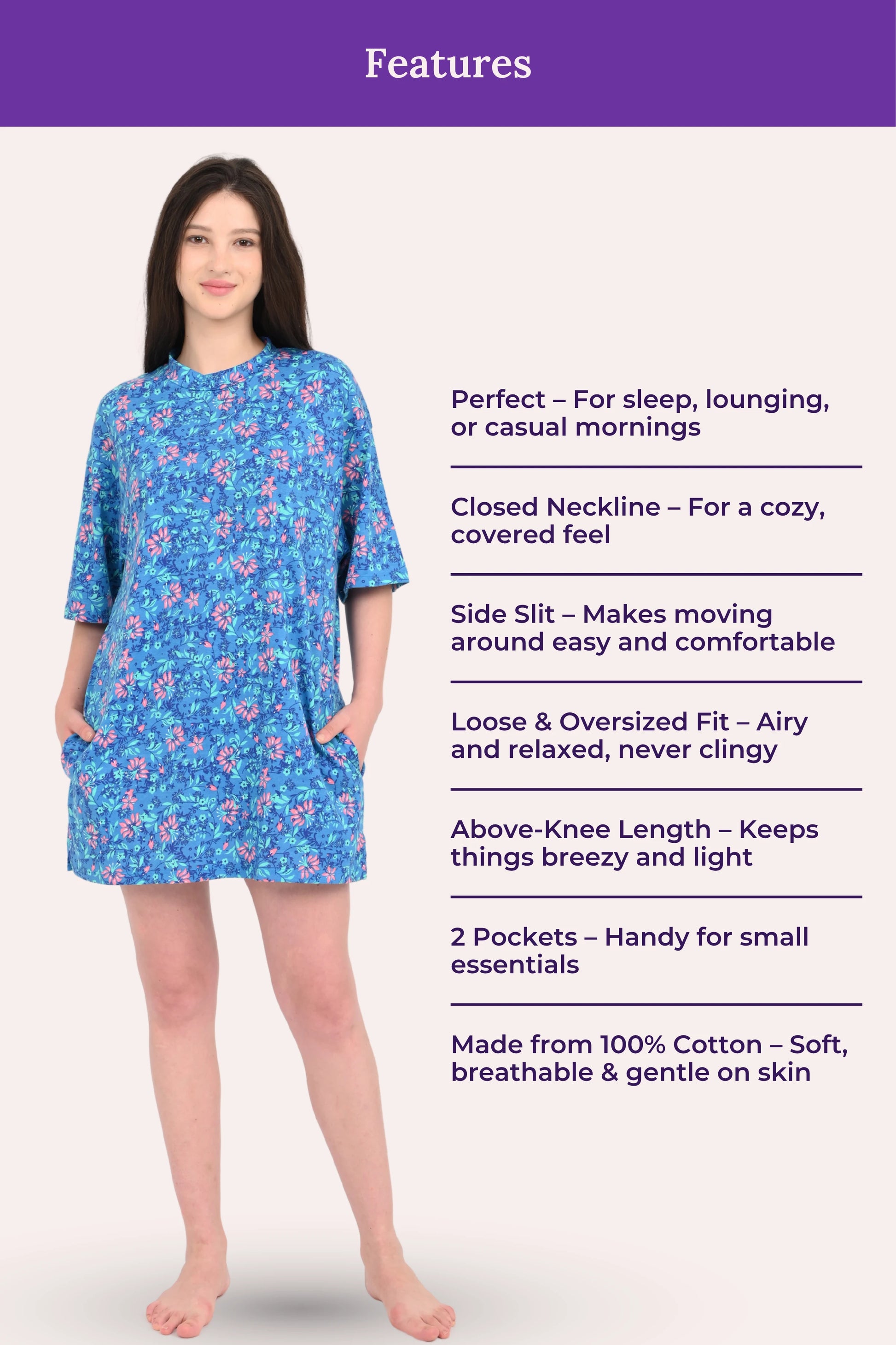 Woman wearing a blue floral dress with text detailing features on a white background