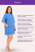 A woman model a blue floral nightshirt with features.