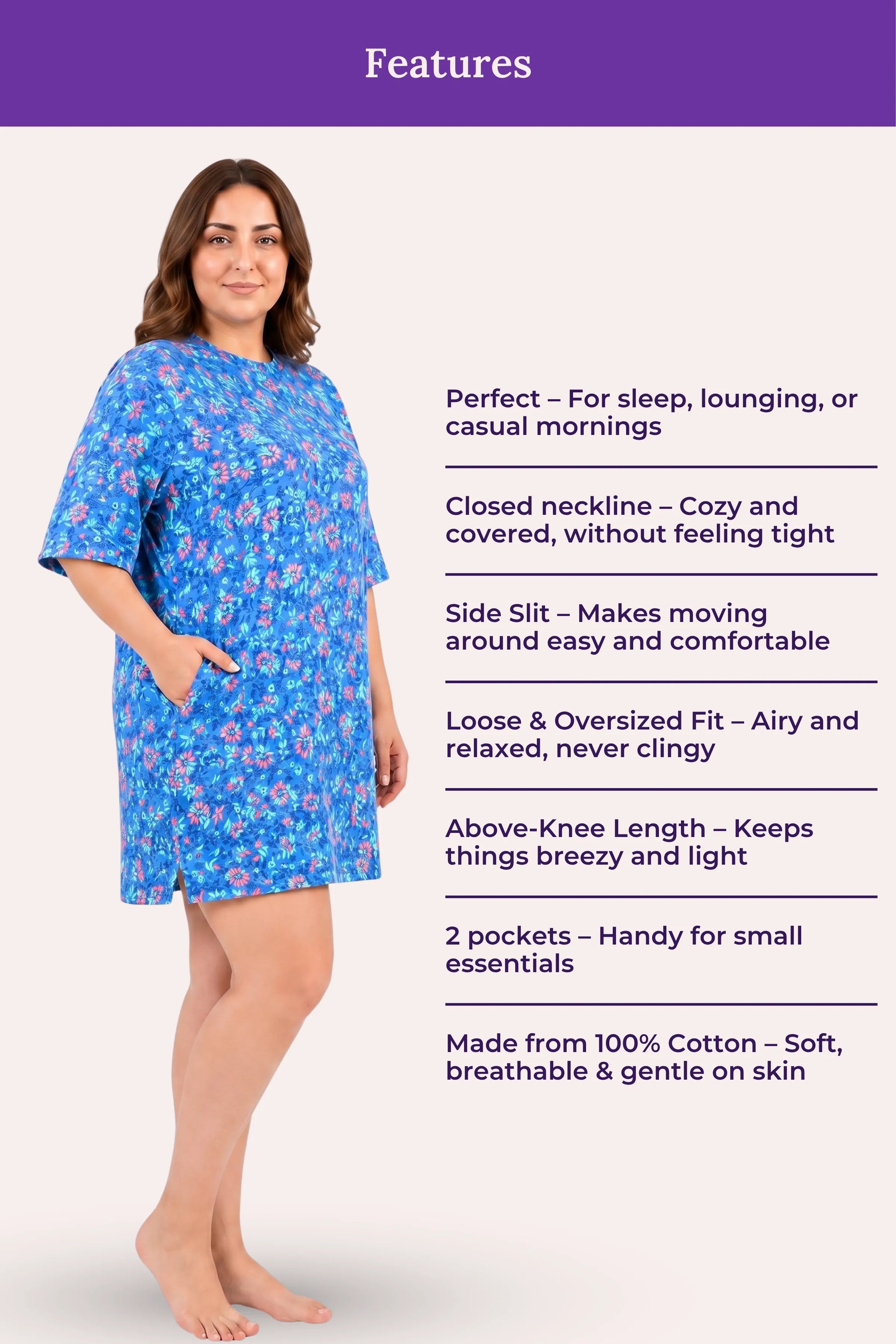A woman model a blue floral nightshirt with features.