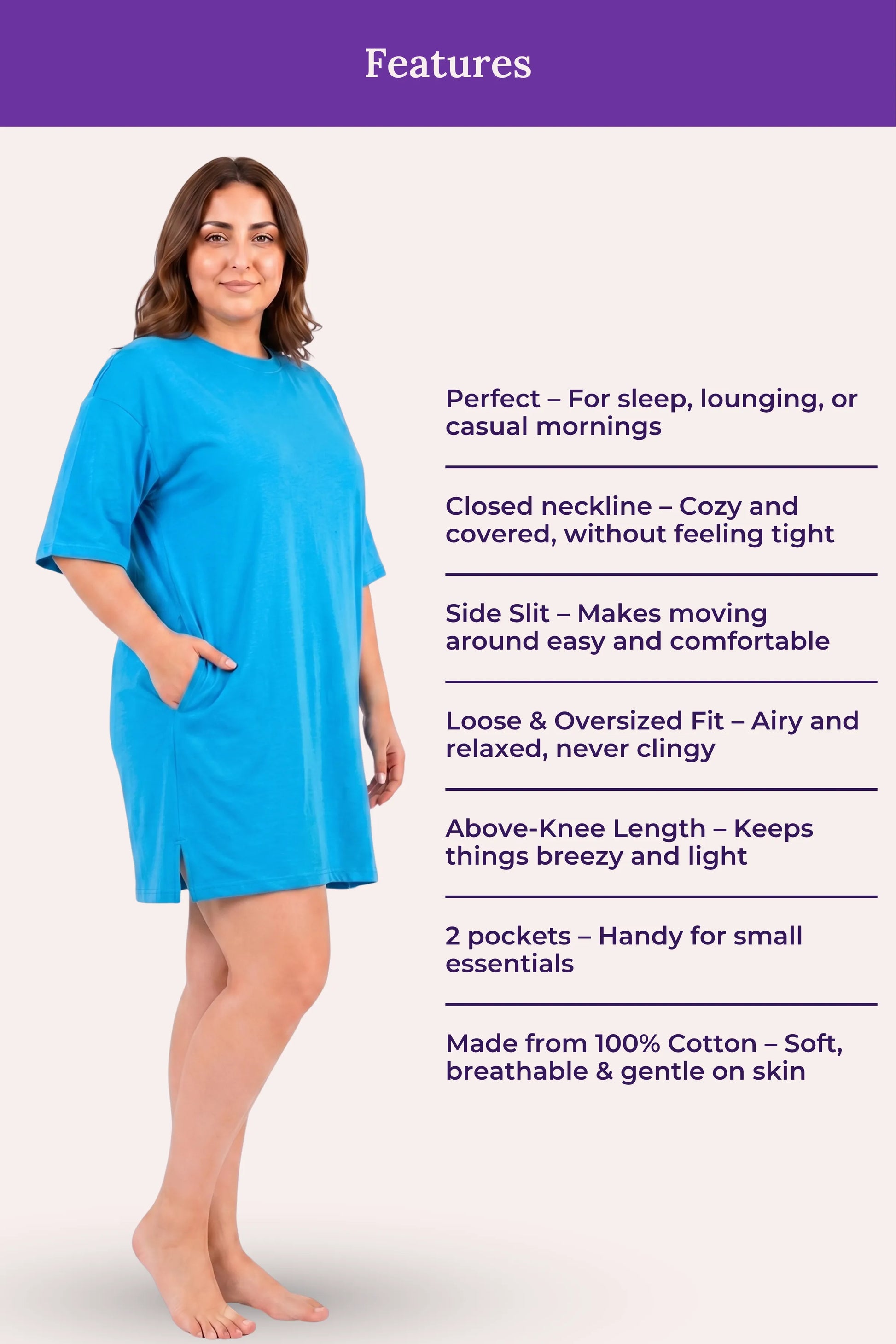 A woman model a bright blue t-shirt with a closed neckline, shown features.