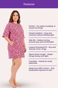 A woman modeling a pink patterned cotton nightshirt with features.