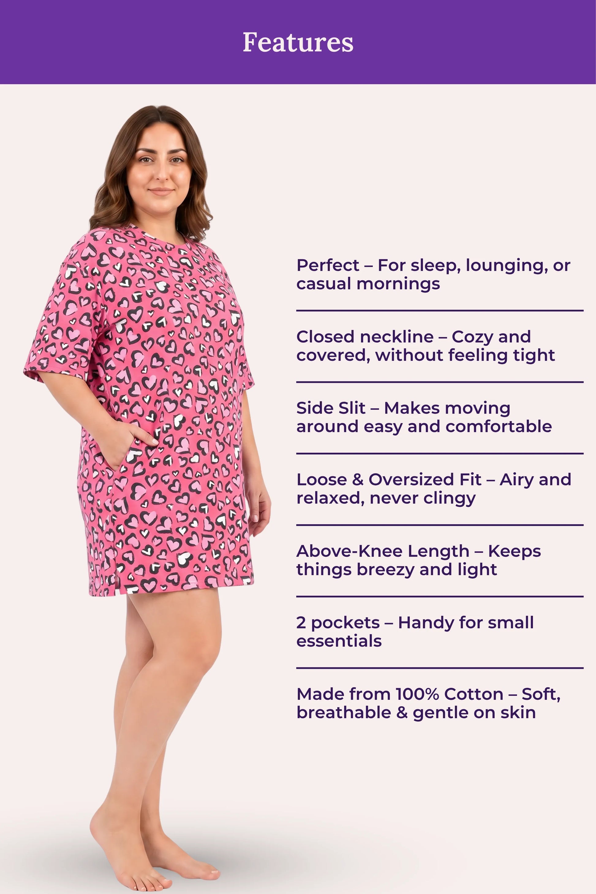 A woman modeling a pink patterned cotton nightshirt with features.