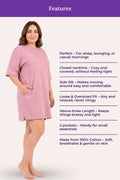 Woman wearing a pink dress with features listed on a white background