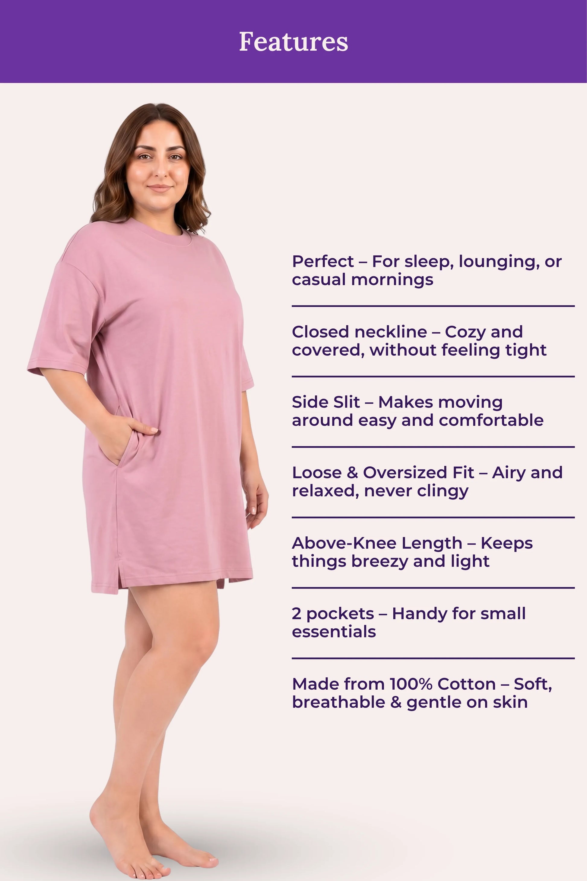 Woman wearing a pink dress with features listed on a white background
