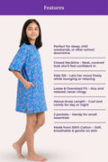 A girl model wearing a blue nightdress pink floral pattern, with Features.