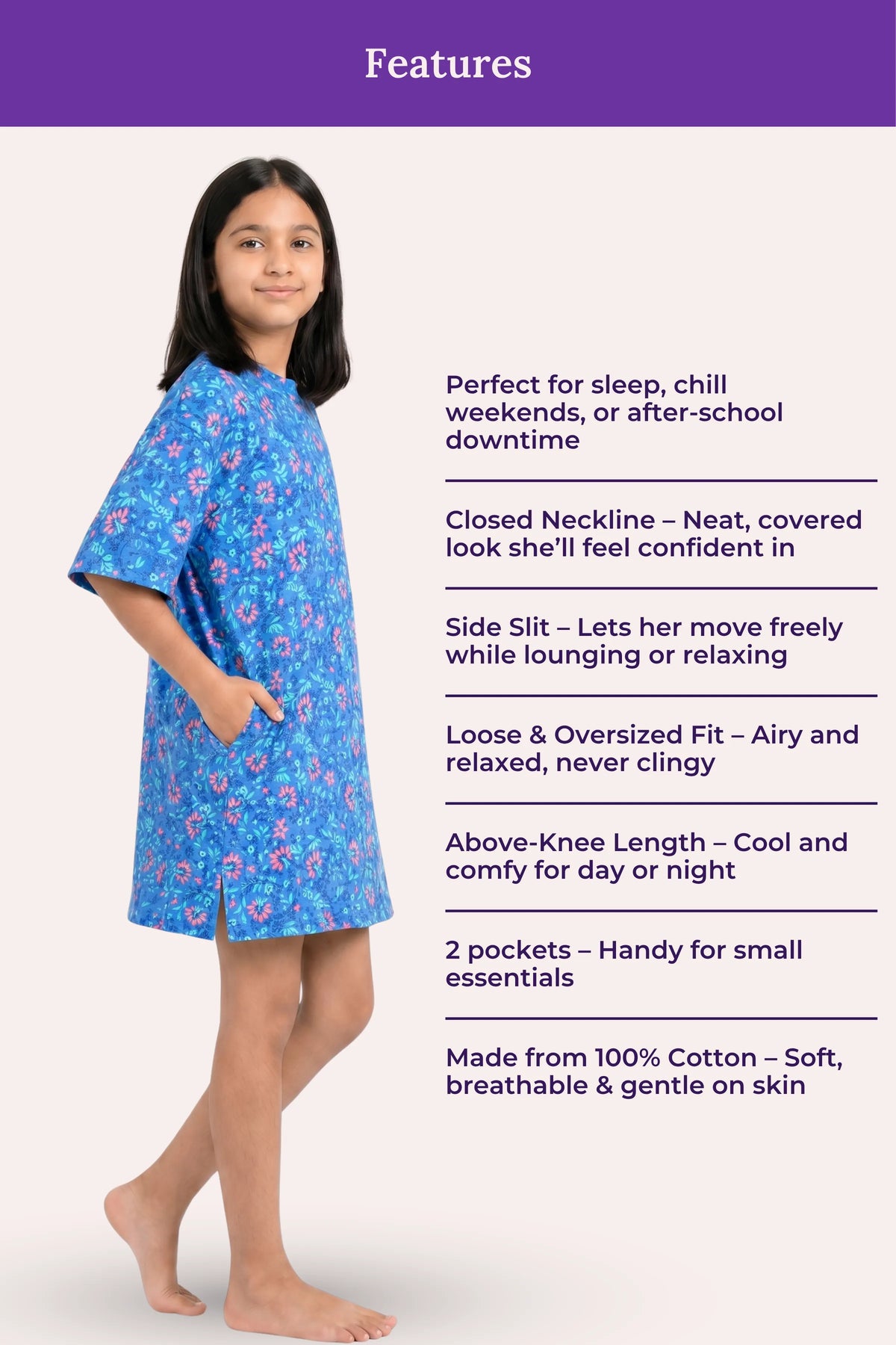 A girl model wearing a blue nightdress pink floral pattern, with Features.