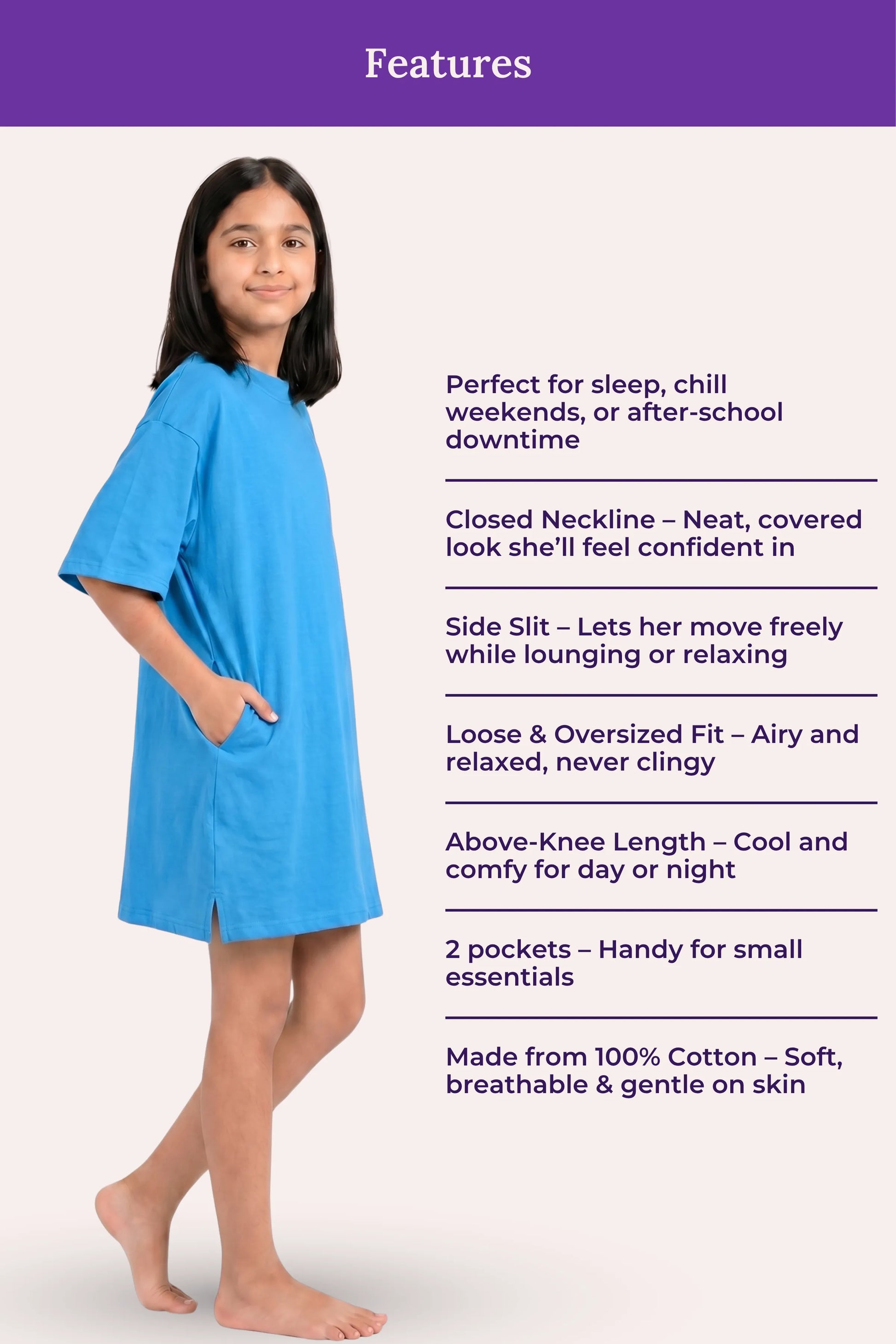 A girl model wearing a bright blue nightdress with features.