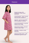 A girl modeling a pink cotton nightgown with a  lists product features.