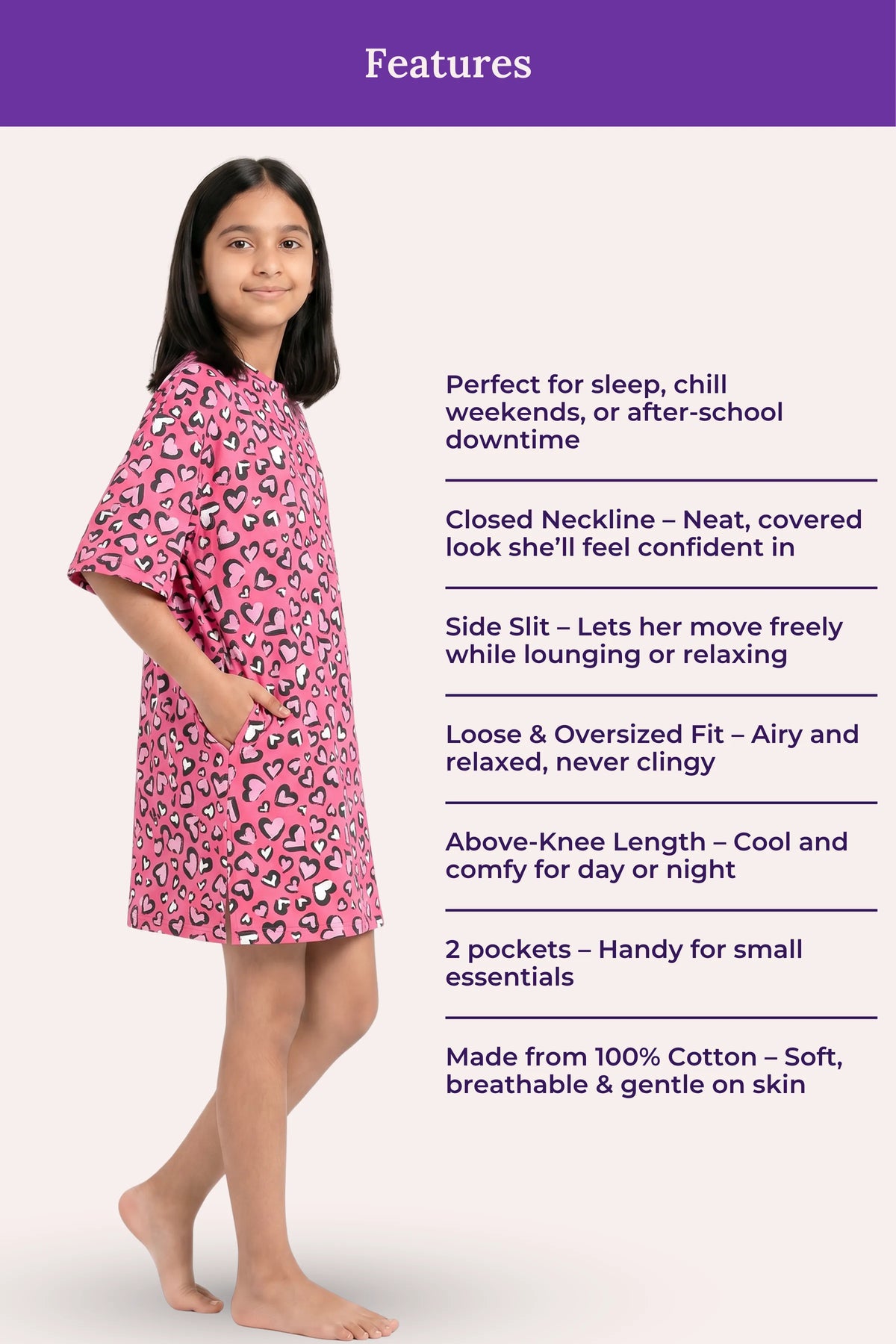 A girl modeling a pink cotton nightgown with a  lists product features.