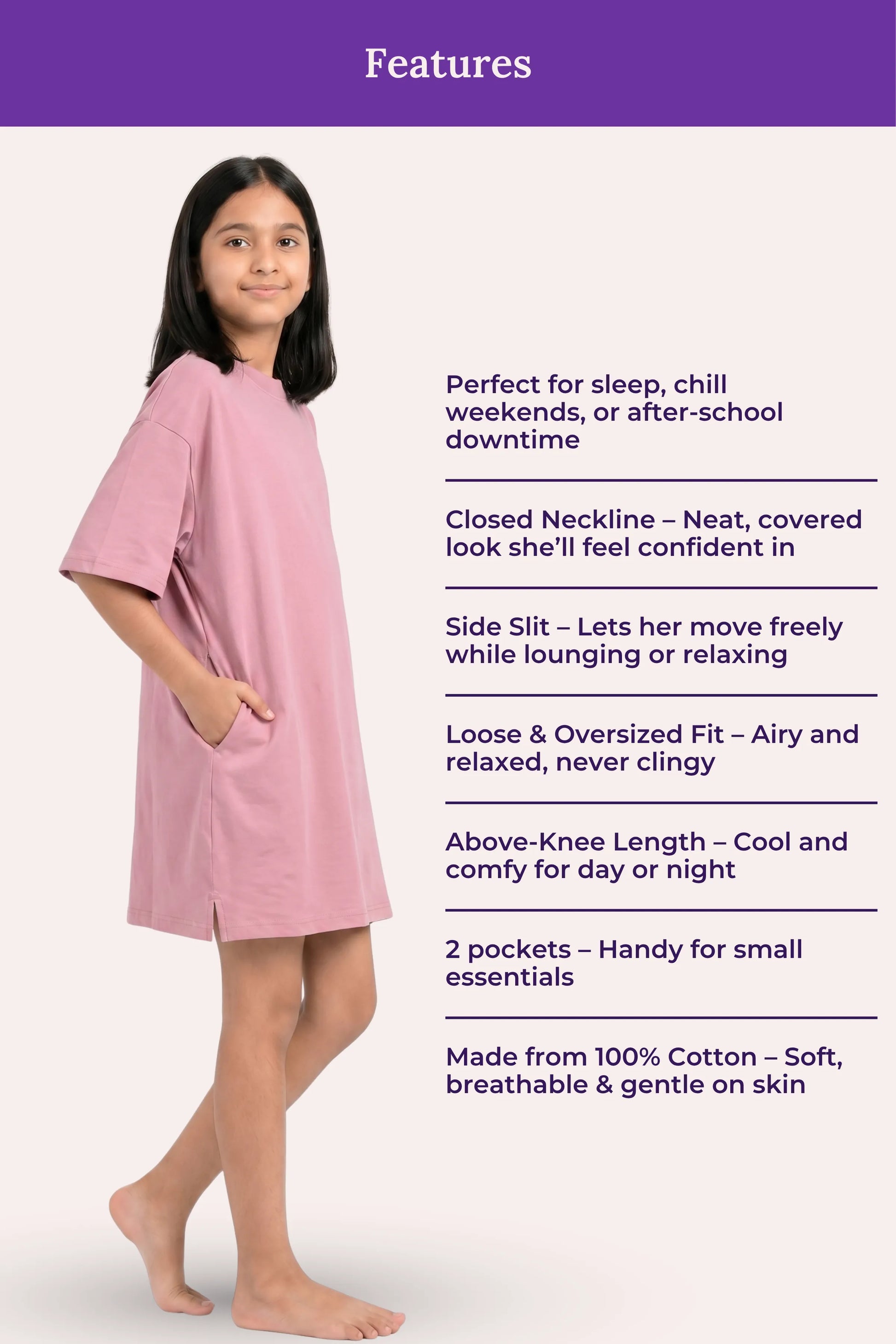 Pink dress worn by a girl with features listed on a white background