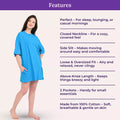 Woman wearing a bright blue oversize nightshirt with features listed
