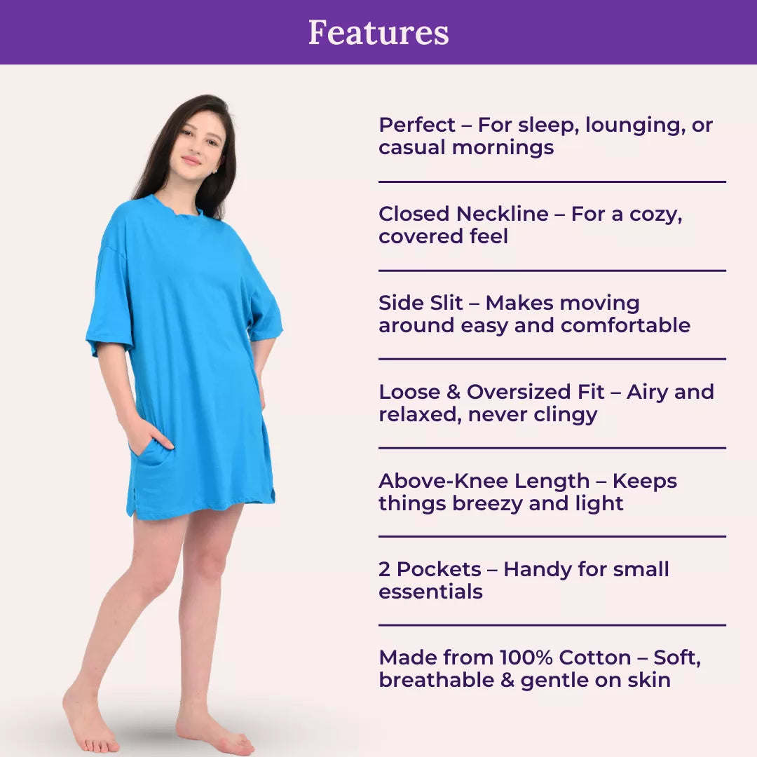Woman wearing a bright blue oversize nightshirt with features listed