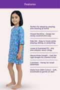 A girl model wearing a blue floral nightgown with 'Features' and a list of product benefits beside her.