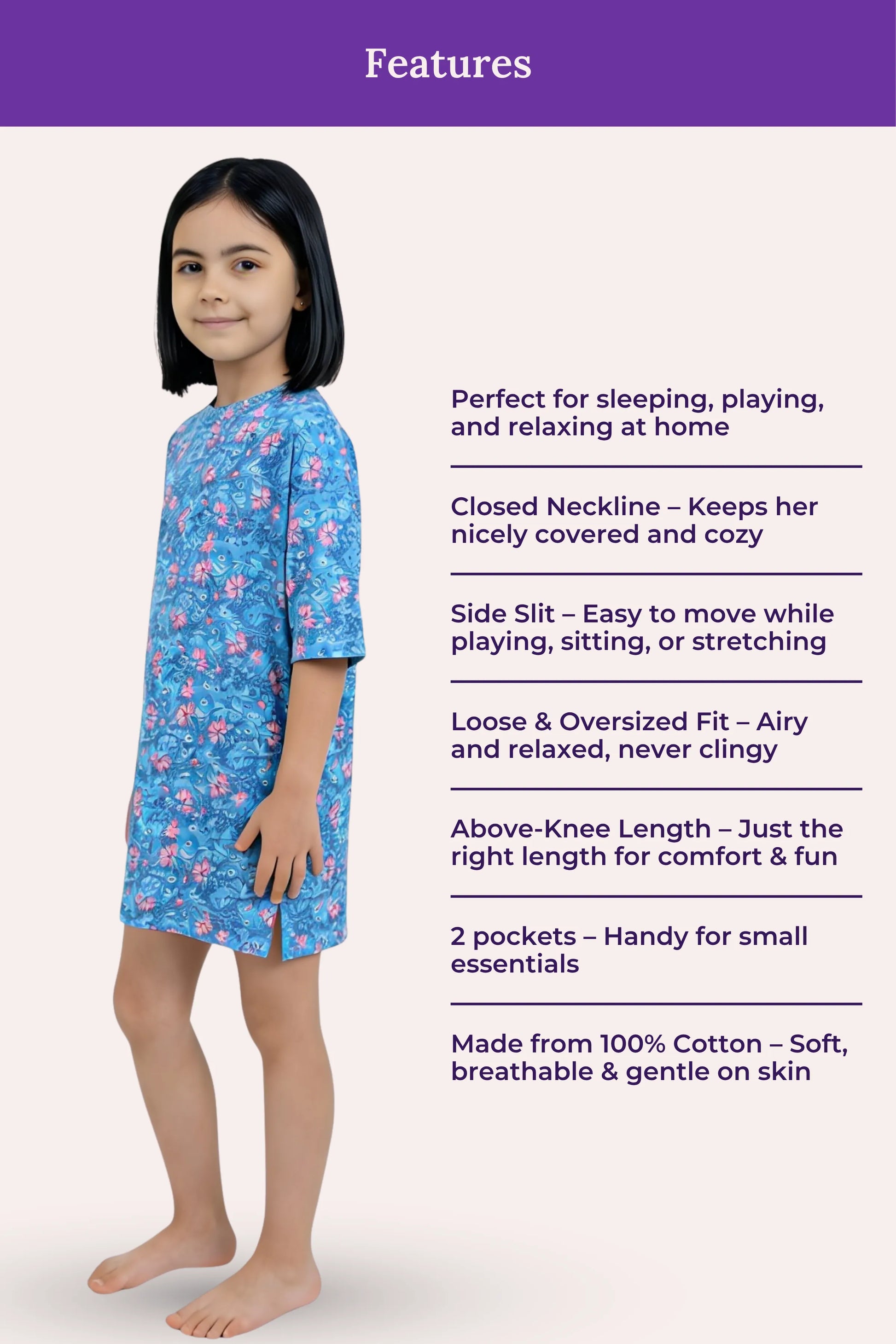 A girl model wearing a blue floral nightgown with 'Features' and a list of product benefits beside her.