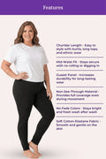 A woman modeling black churidar leggings on a light pink background with a purple 'Features' banner at the top. Text on the right lists product features such as churidar length, mid-waist fit, gusset panel, non-see-through material, no-fade colors, and soft cotton-elastane fabric.