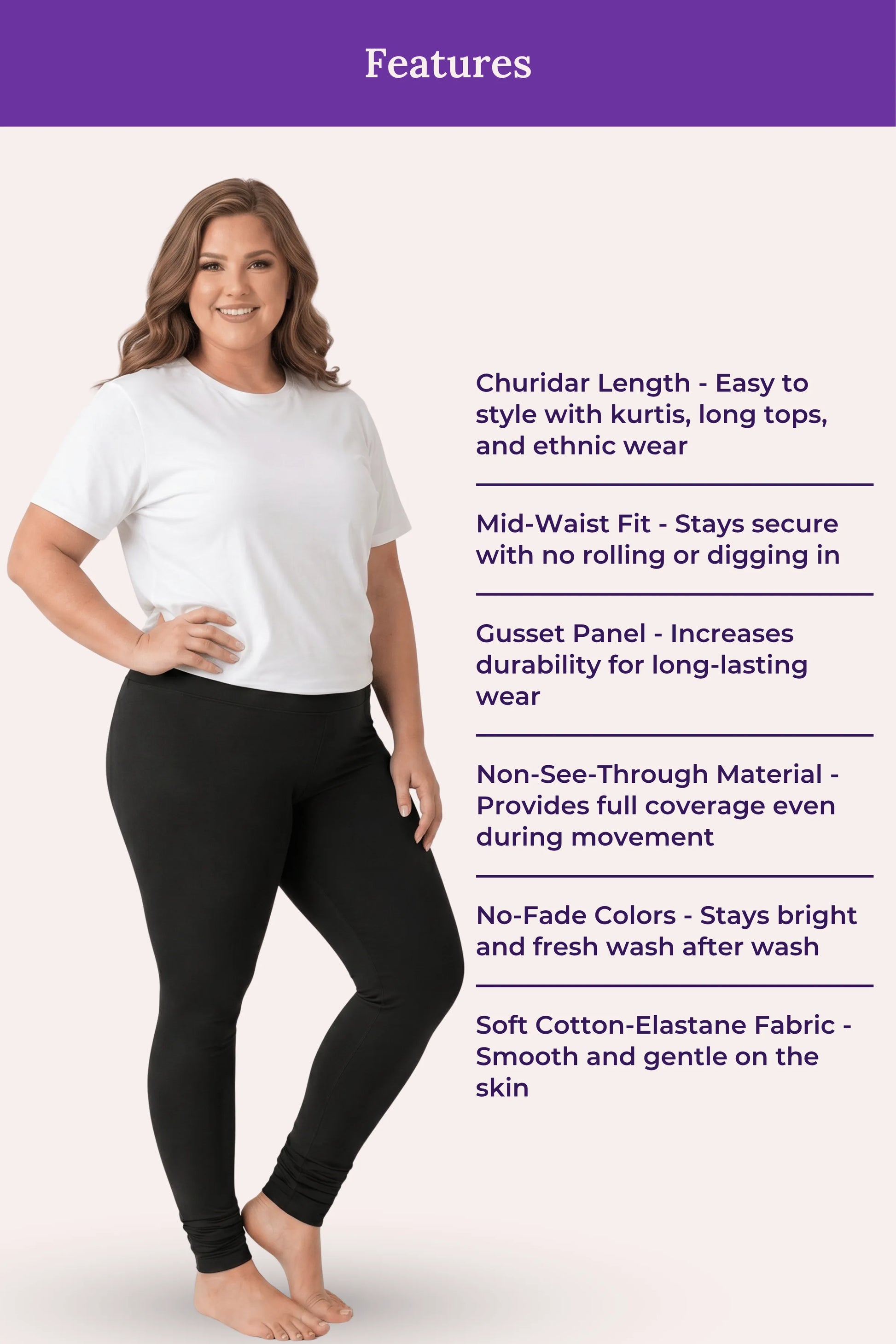 A woman modeling black churidar leggings on a light pink background with a purple 'Features' banner at the top. Text on the right lists product features such as churidar length, mid-waist fit, gusset panel, non-see-through material, no-fade colors, and soft cotton-elastane fabric.
