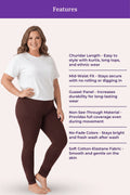A woman modeling brown leggings with a white t-shirt, standing against a light pink background with a purple 'Features' banner and text listing product benefits.