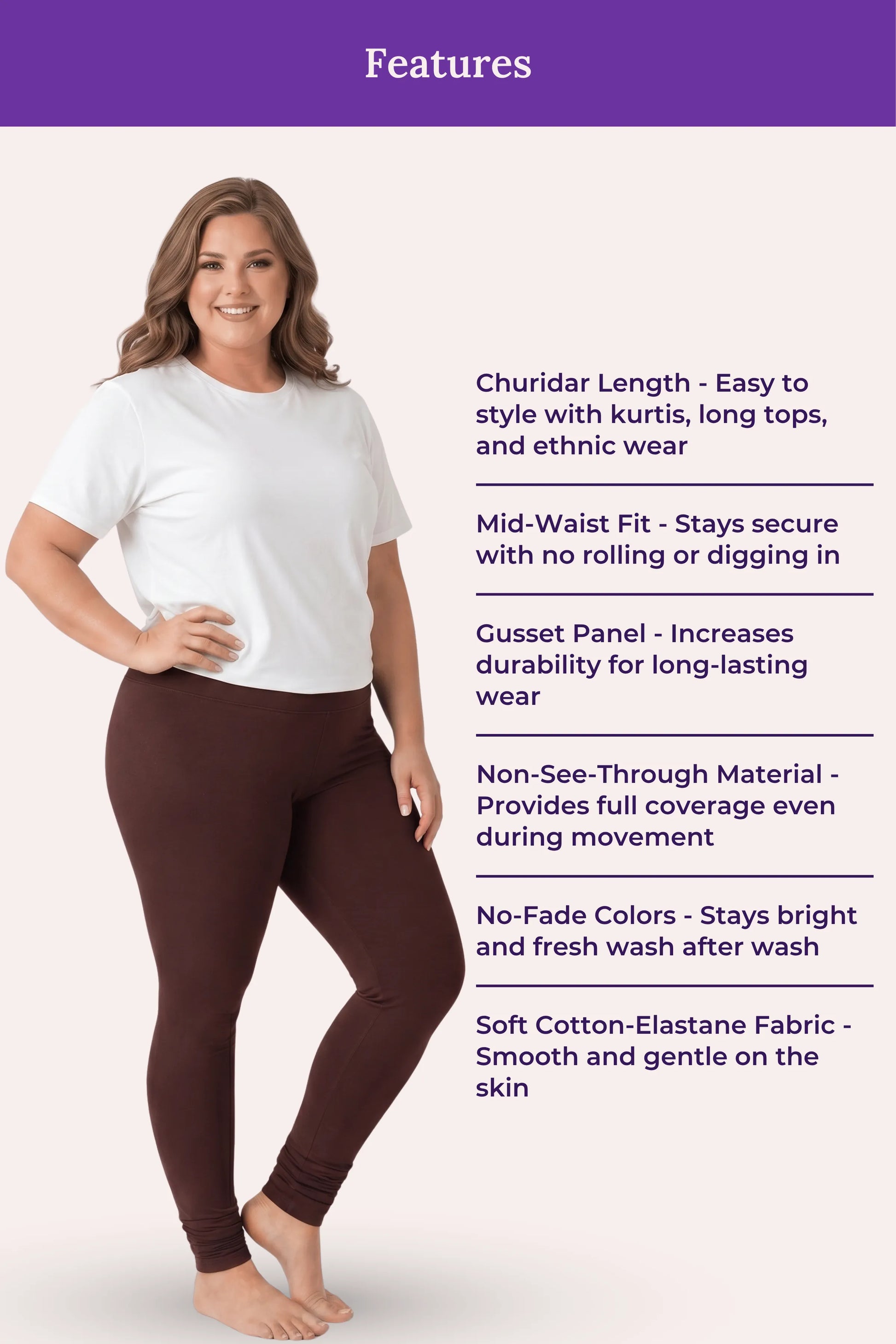 A woman modeling brown leggings with a white t-shirt, standing against a light pink background with a purple 'Features' banner and text listing product benefits.