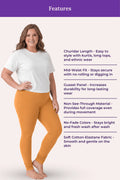 A woman modeling caramel churidar leggings with a white t-shirt, shown against a light pink background with a purple 'Features' header and text listing product benefits.