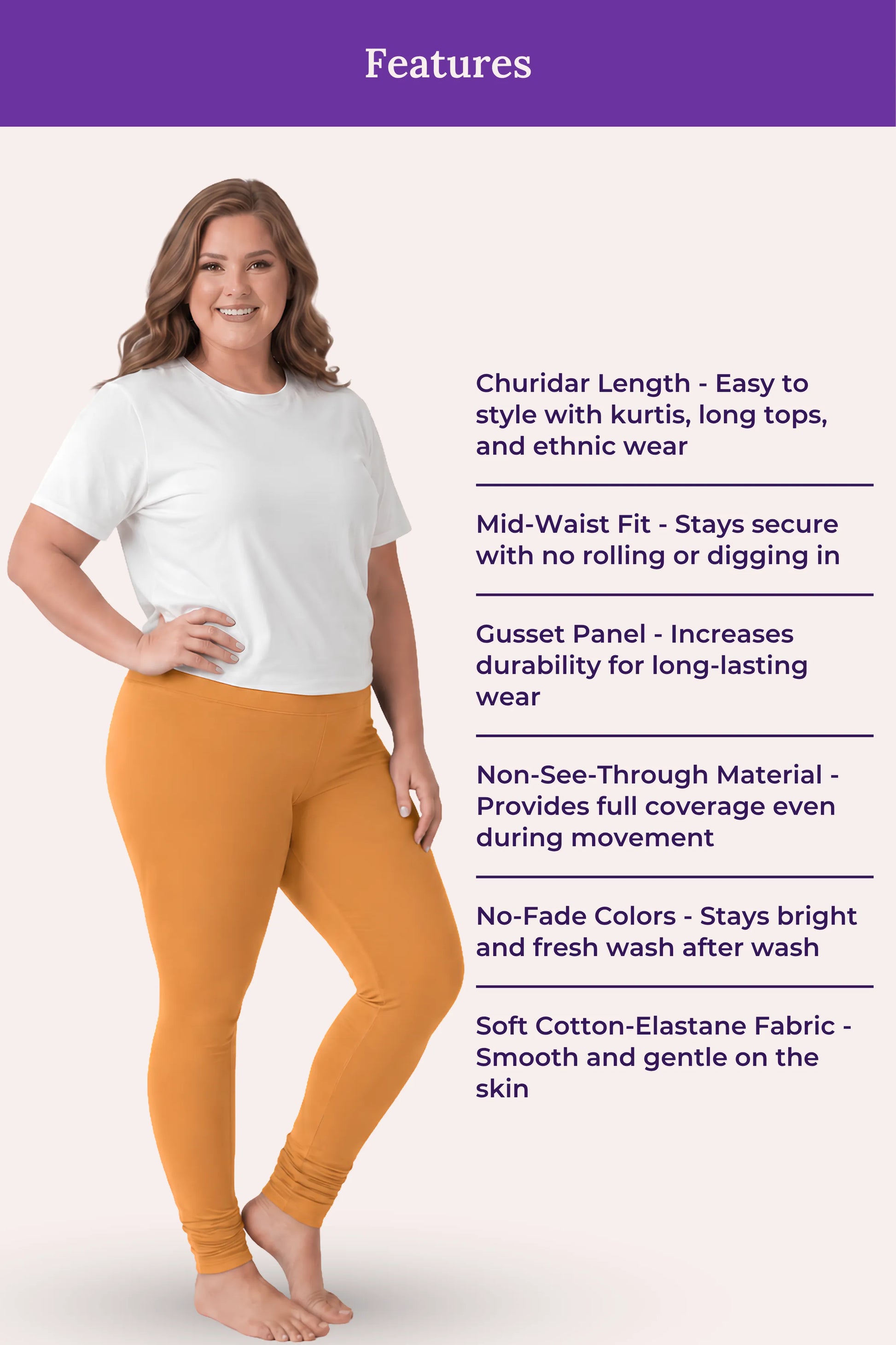 A woman modeling caramel churidar leggings with a white t-shirt, shown against a light pink background with a purple 'Features' header and text listing product benefits.