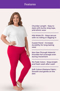 A woman modeling dark pink churidar leggings with a white t-shirt, standing against a pale pink background with a purple header that reads 'Features' and lists product benefits.